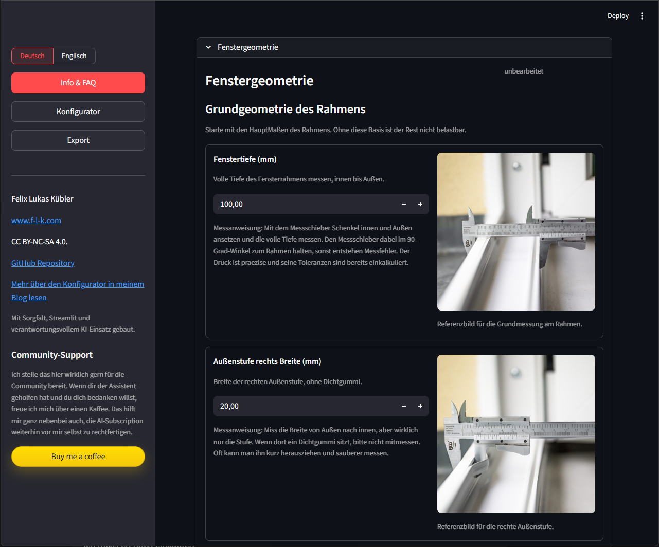 Deutsche Eingabemaske der Streamlit-App zur Konfiguration der Fenstergeometrie.