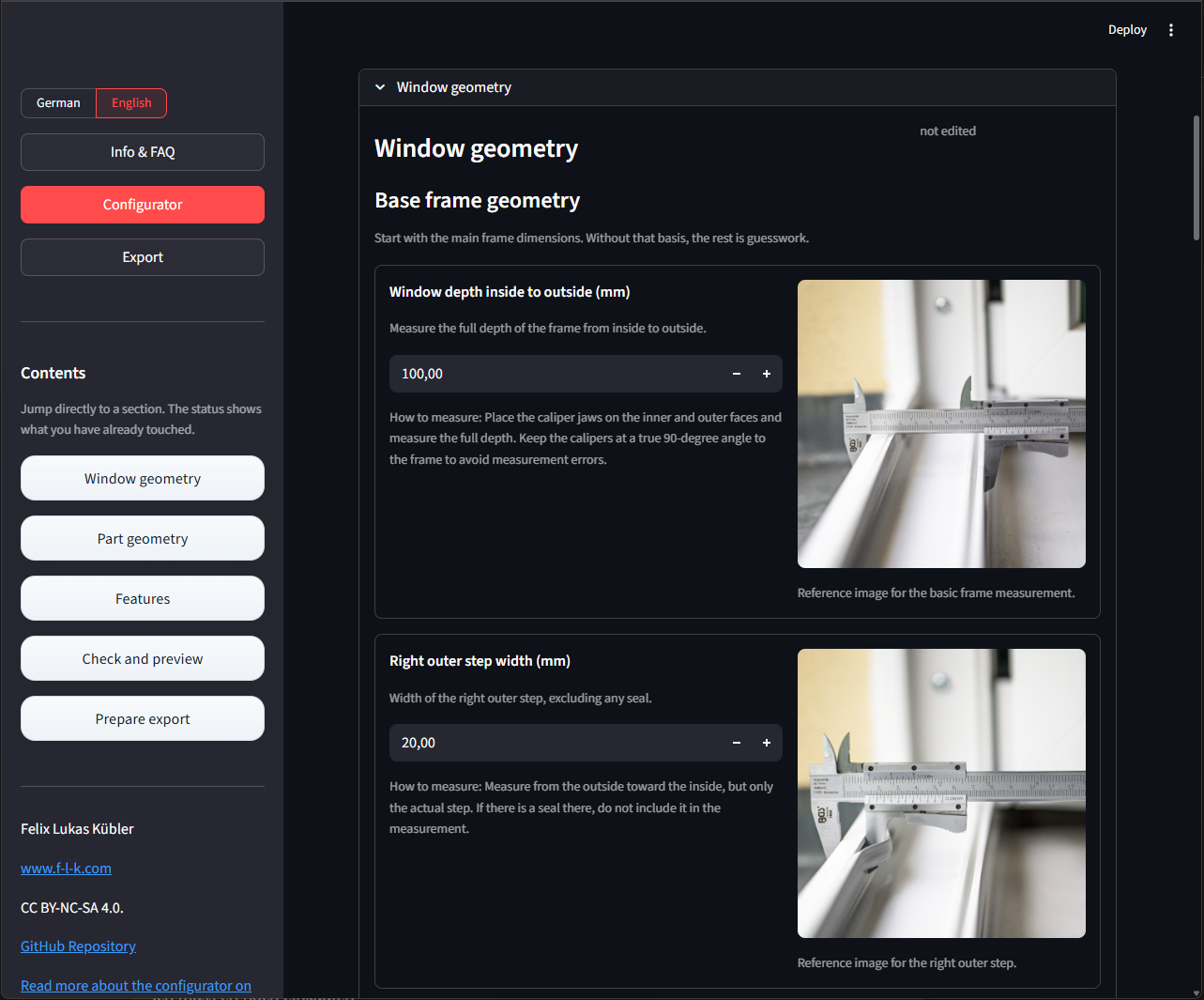 English Streamlit app form for configuring the window geometry.