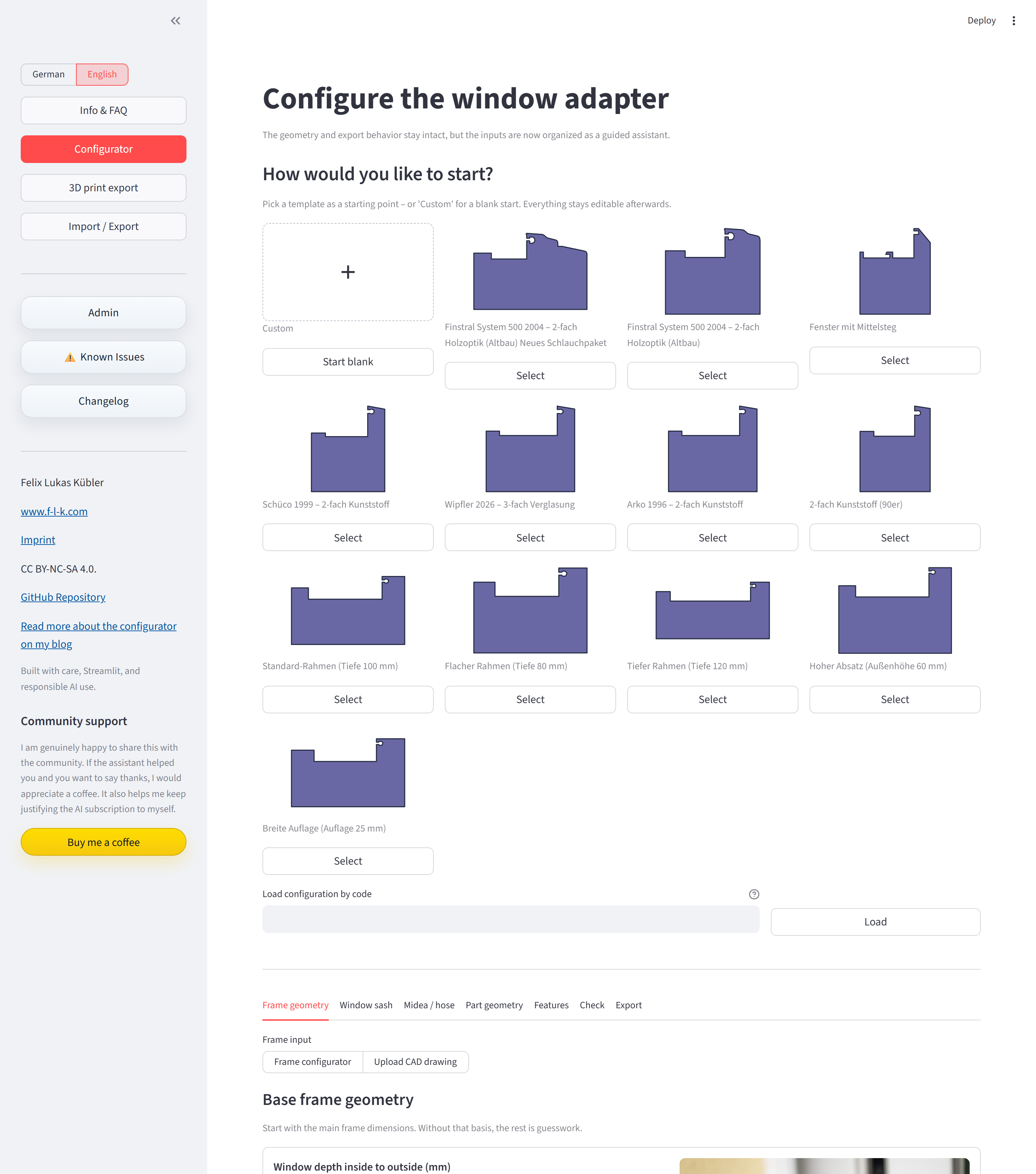 Template selection in the Streamlit app with various window frame profiles.